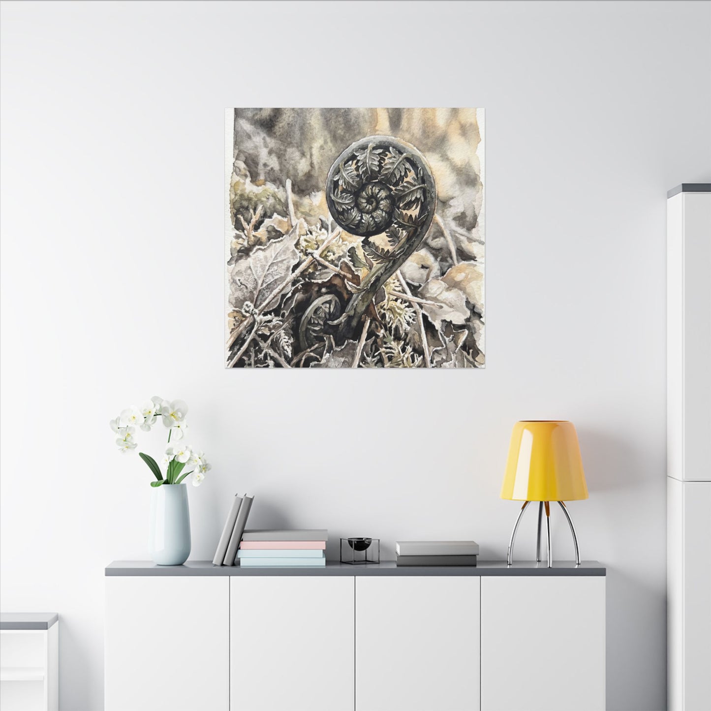Japandi Fern Unfurling in Golden Hour | Watercolor Canvas Art