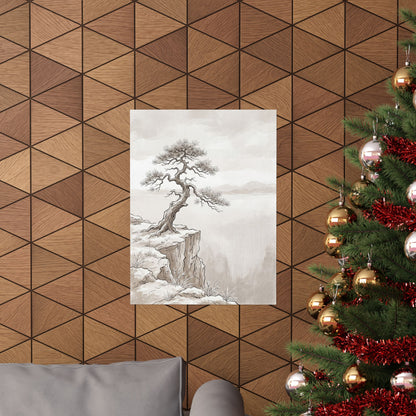 Japandi Pine Tree in Overcast | Minimal Line Wall Art Print