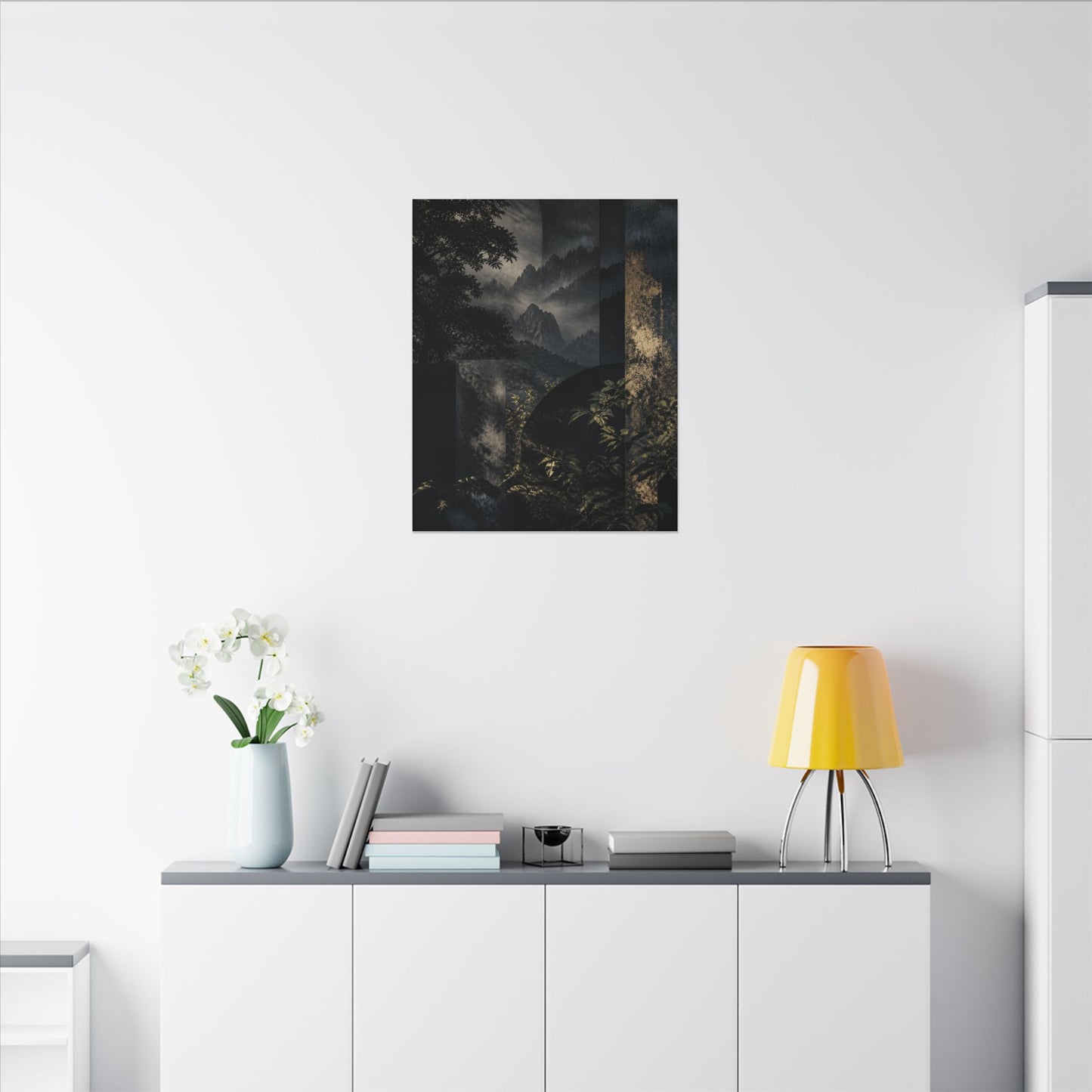 Mountain Mist Summer Canvas Art | Dark Japandi Atmospheric Design