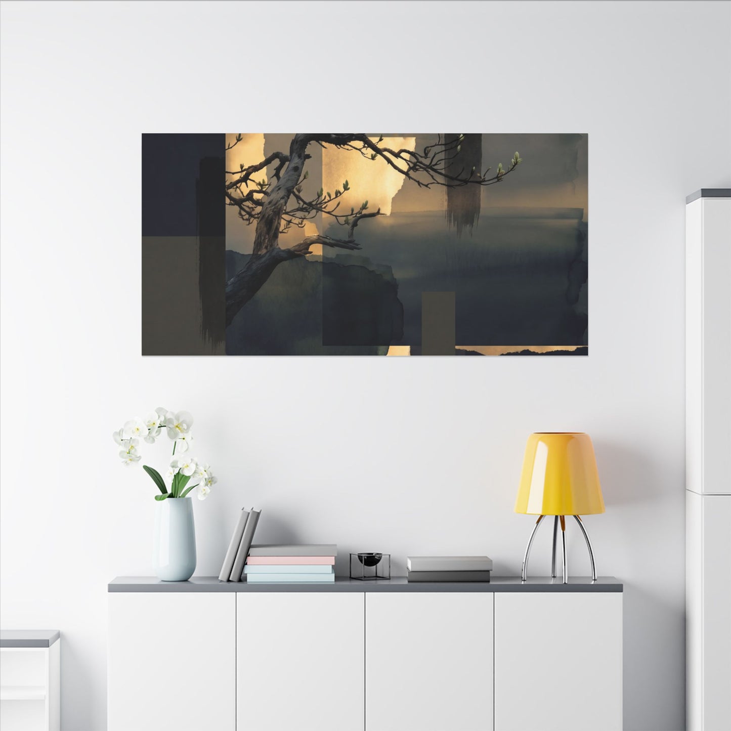 Golden Hour Pine Tree Canvas Art - Dark Japandi Kanso