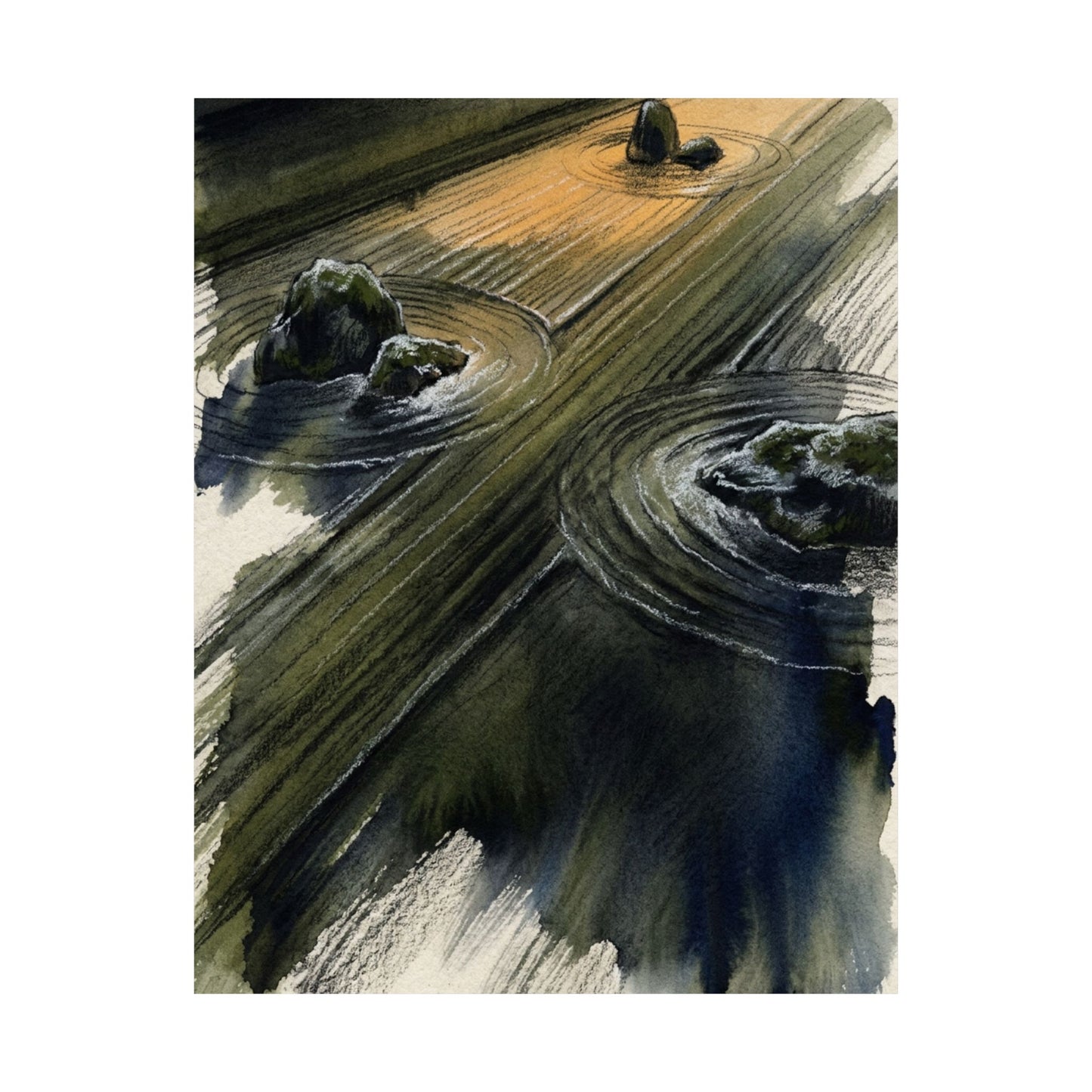 Golden Hour Rock Garden Wall Art Print - Dark Japandi Ma
