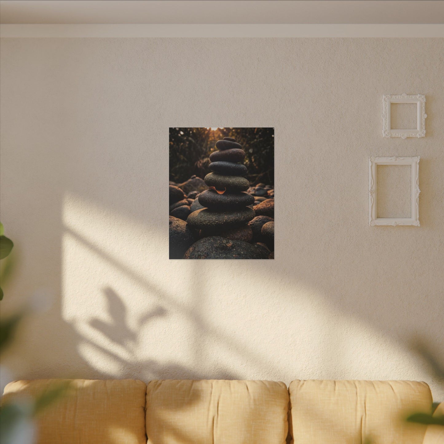 Dark Japandi River Stones in Golden Hour | Moody Minimal Canvas Art