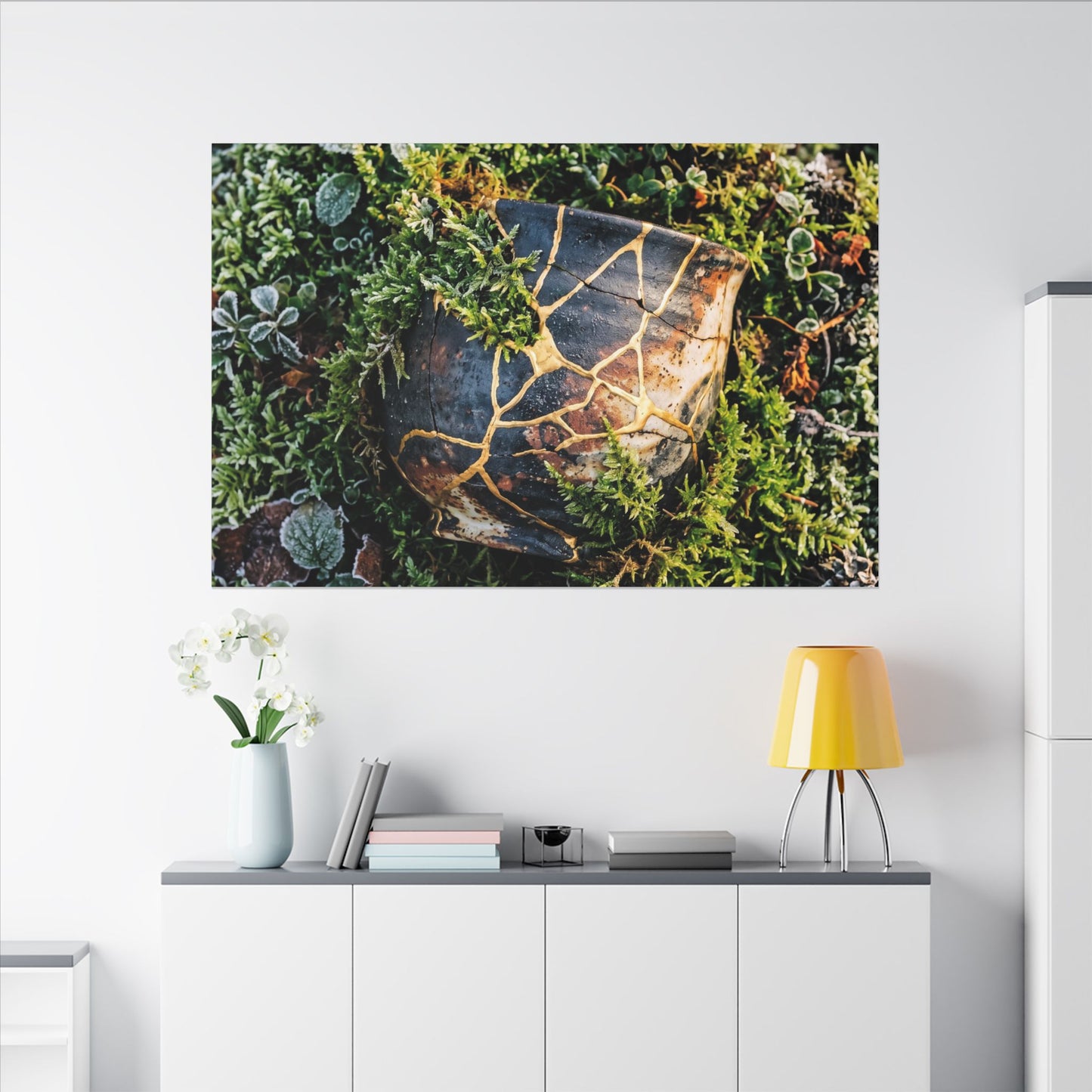 Artful Moss Close Up Canvas Art - Gold Repair Kintsugi
