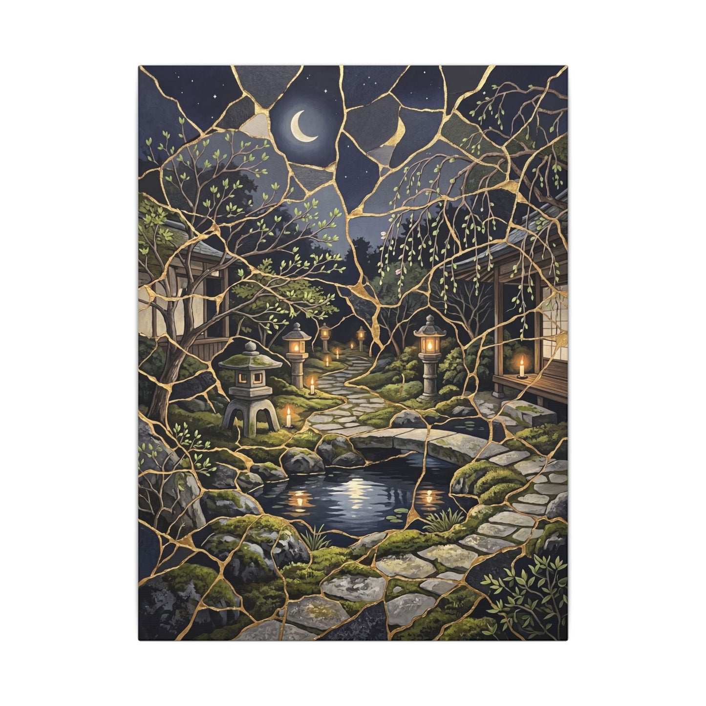 Kintsugi Moonlit Garden in Candlelight | Gold Vein Canvas Art