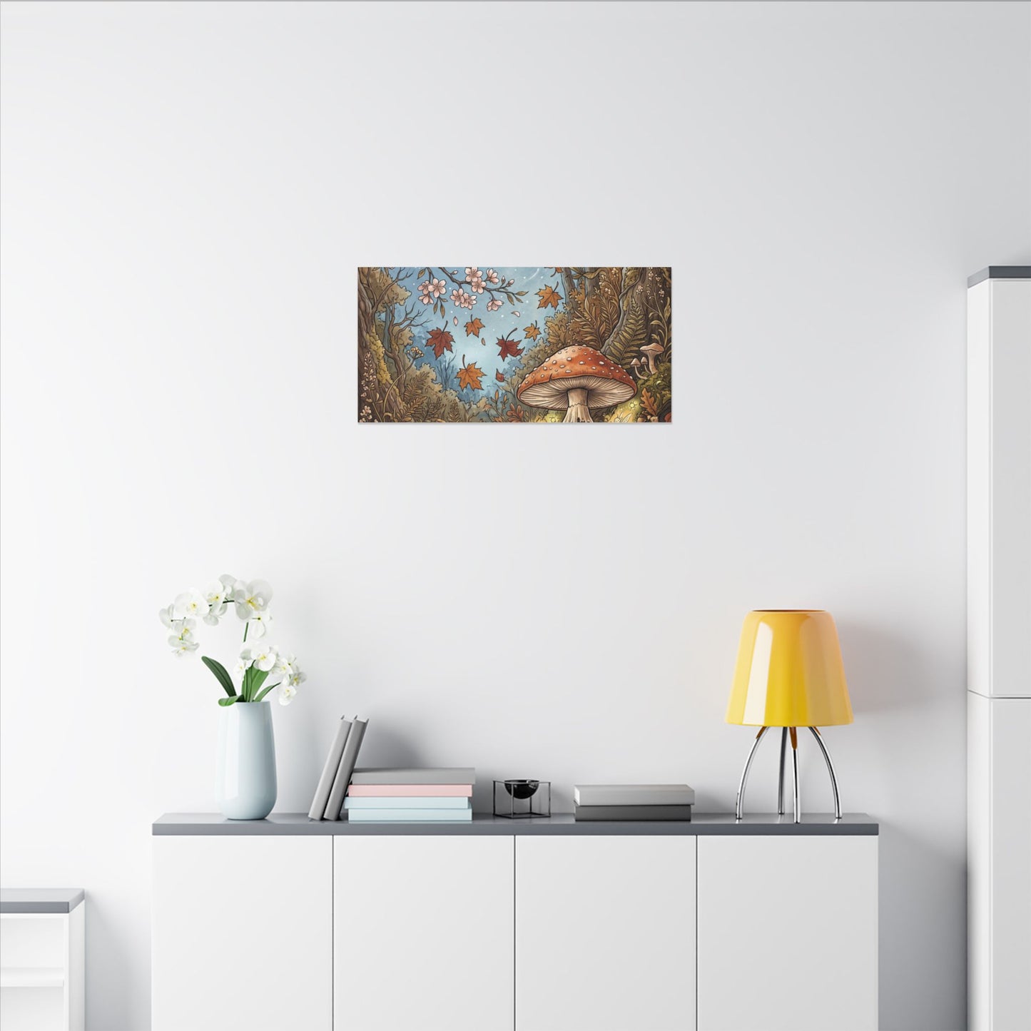 Autumn Cherry Blossom Mushroom Illustration Canvas Art | Enchanting Decor