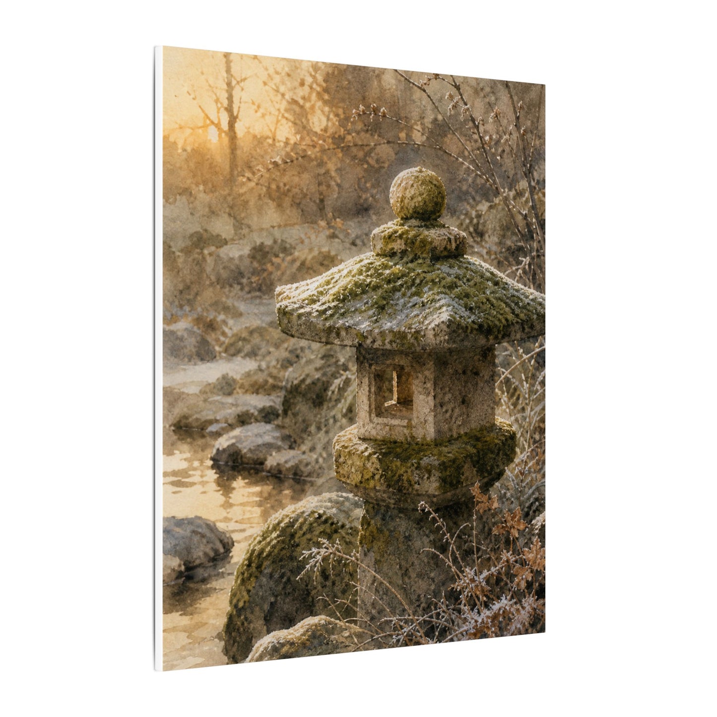 Winter Stone Lantern Watercolor Canvas Art | Earthy Decor
