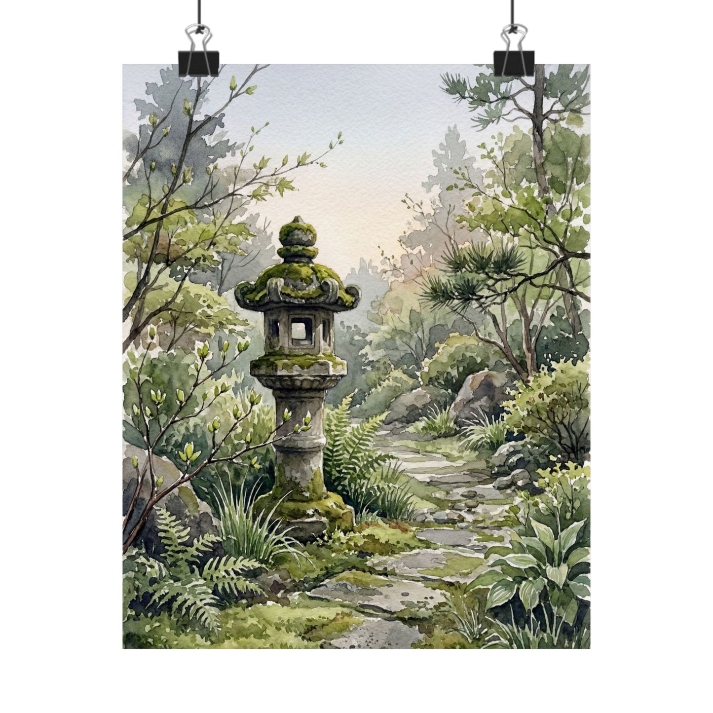 Japandi Stone Lantern in Dawn | Watercolor Wall Art Print Art Print