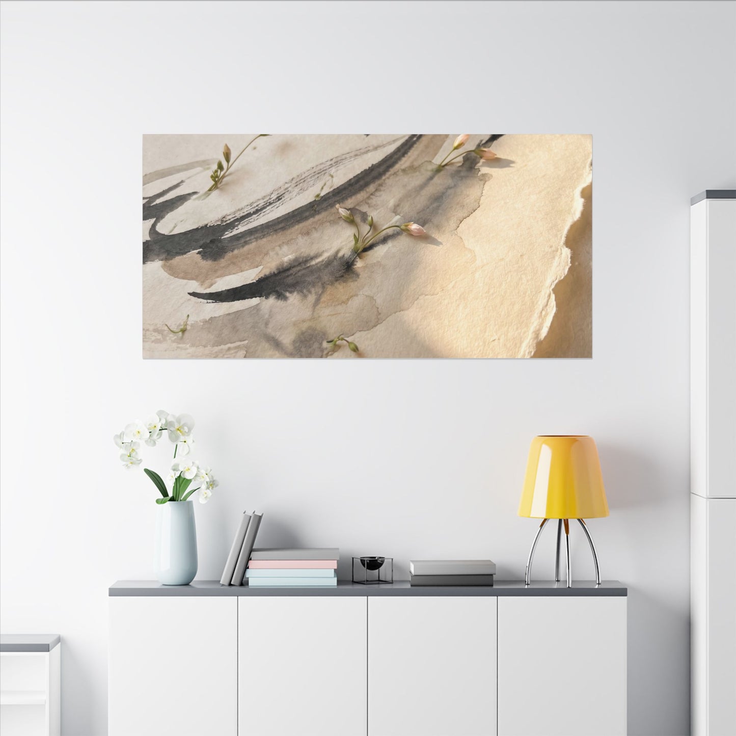Ink Brushstroke Watercolor Canvas Art | Neutral Japandi Art