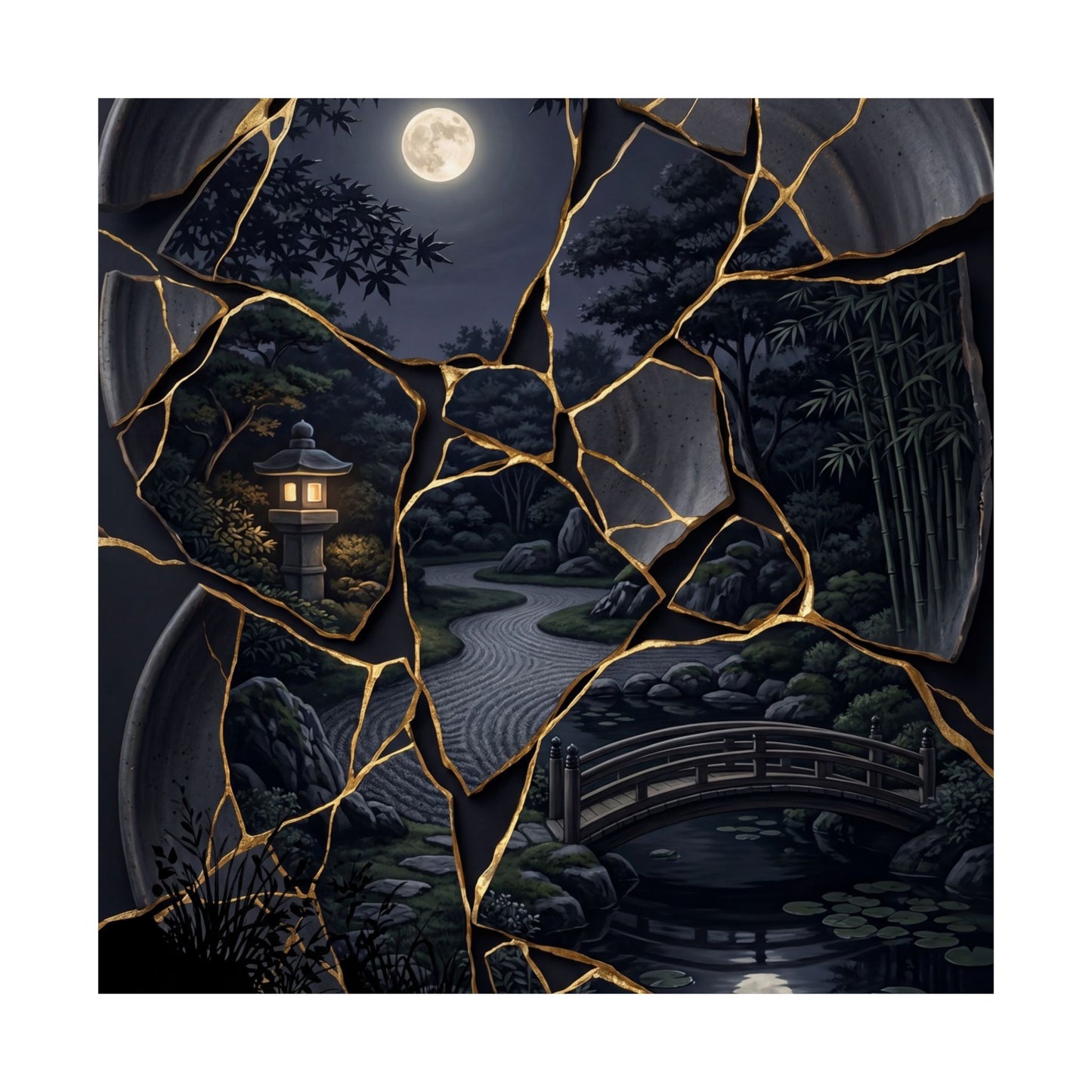Summer Moonlit Garden Gold Repair Wall Art Print | Philosophical Decor