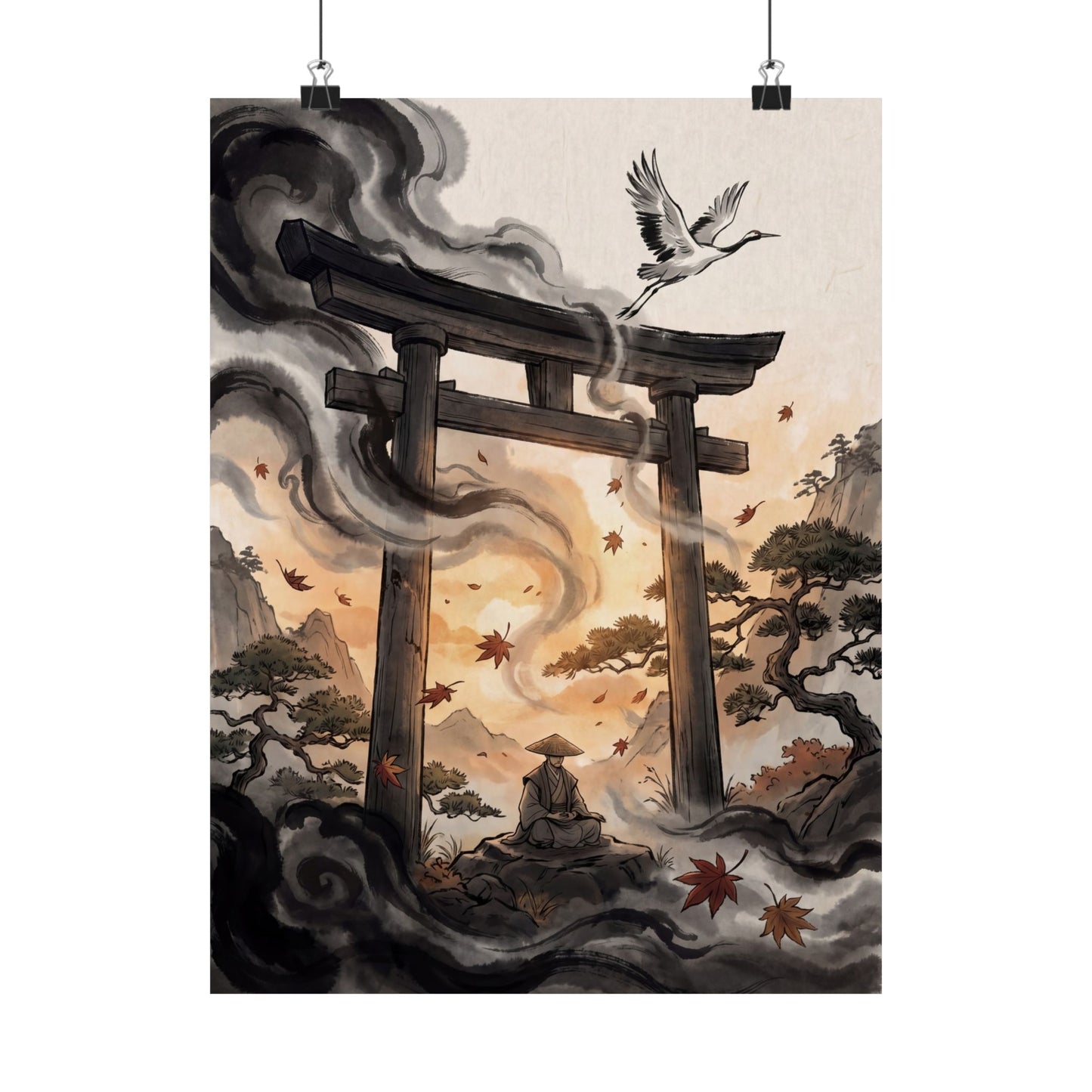 Autumn Torii Gate Ukiyo E Inspired Wall Art Print | Contemplative Decor Art Print