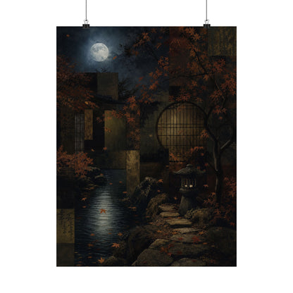 Moonlit Garden Shadow Zen Wall Art Print | Moody Dark Japandi Art
