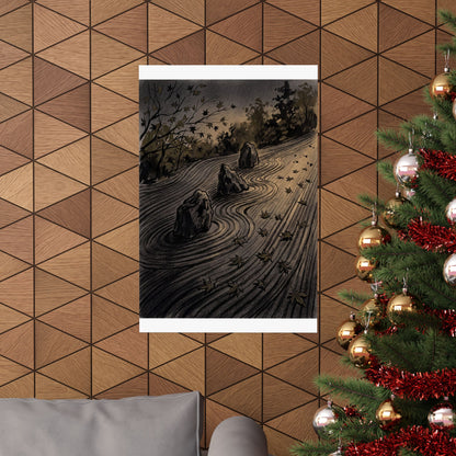 Rock Garden Autumn Wall Art Print | Dark Japandi Sophisticated Design