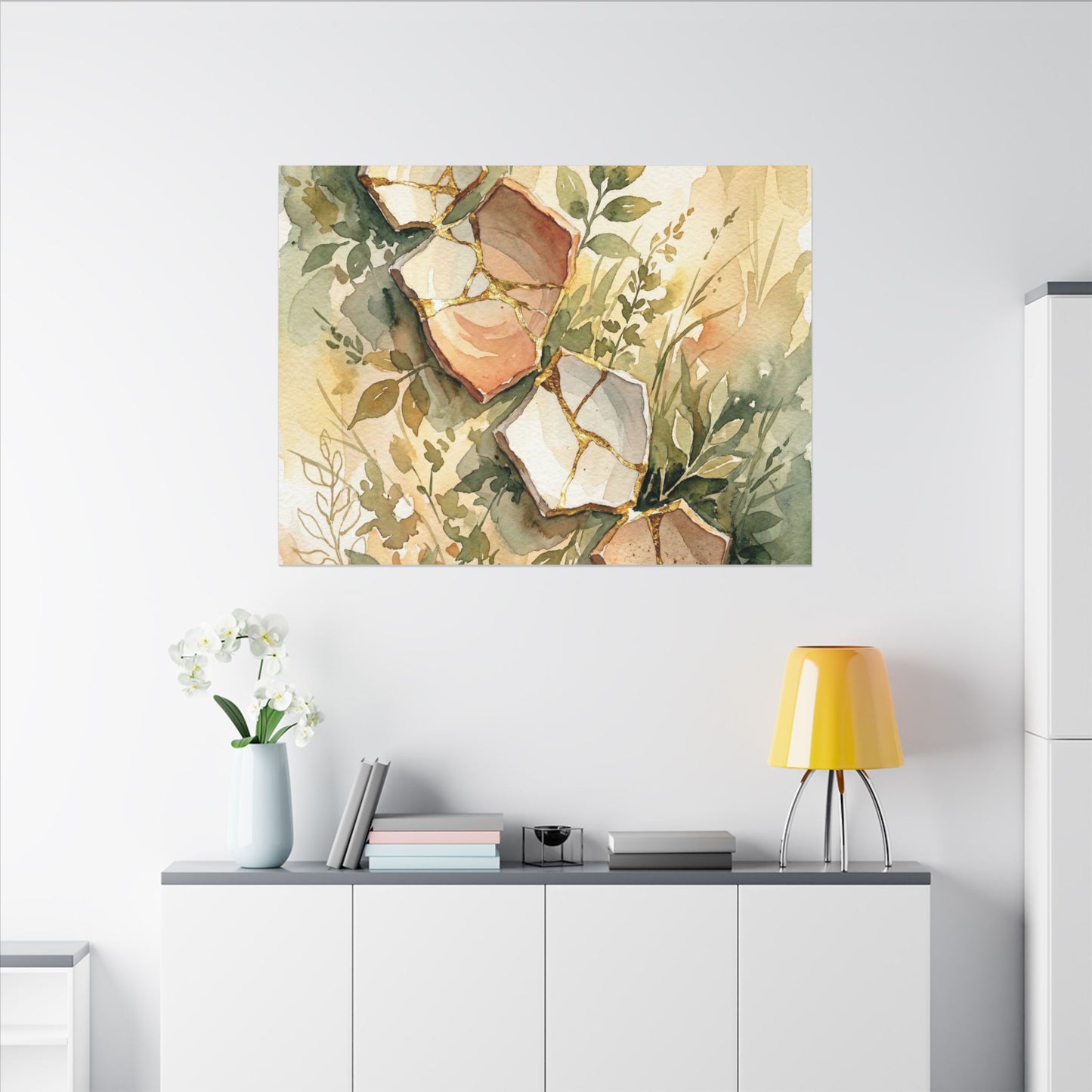 Japandi Broken Pottery in Golden Hour | Watercolor Canvas Art