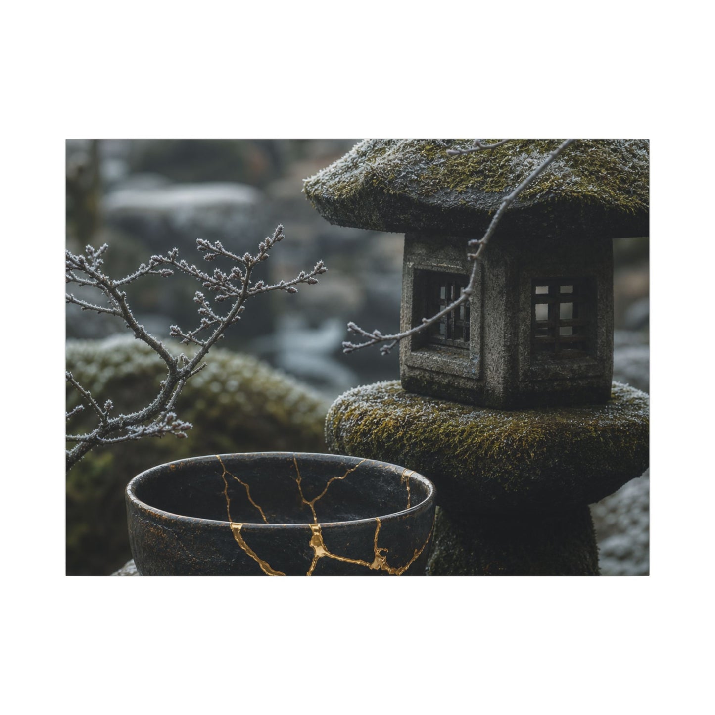 Stone Lantern Canvas Art | Winter Kintsugi Gold Repair Art