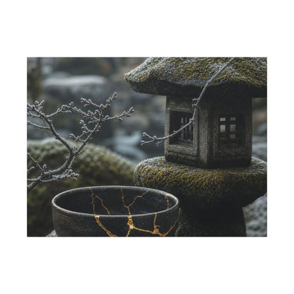 Stone Lantern Canvas Art | Winter Kintsugi Gold Repair Art