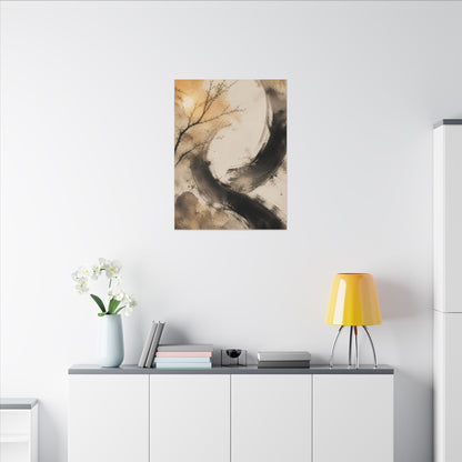 Japandi Ink Brushstroke in Golden Hour | Watercolor Canvas Art