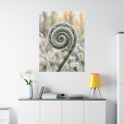 Winter Fern Unfurling Watercolor Canvas Art | Cozy Decor