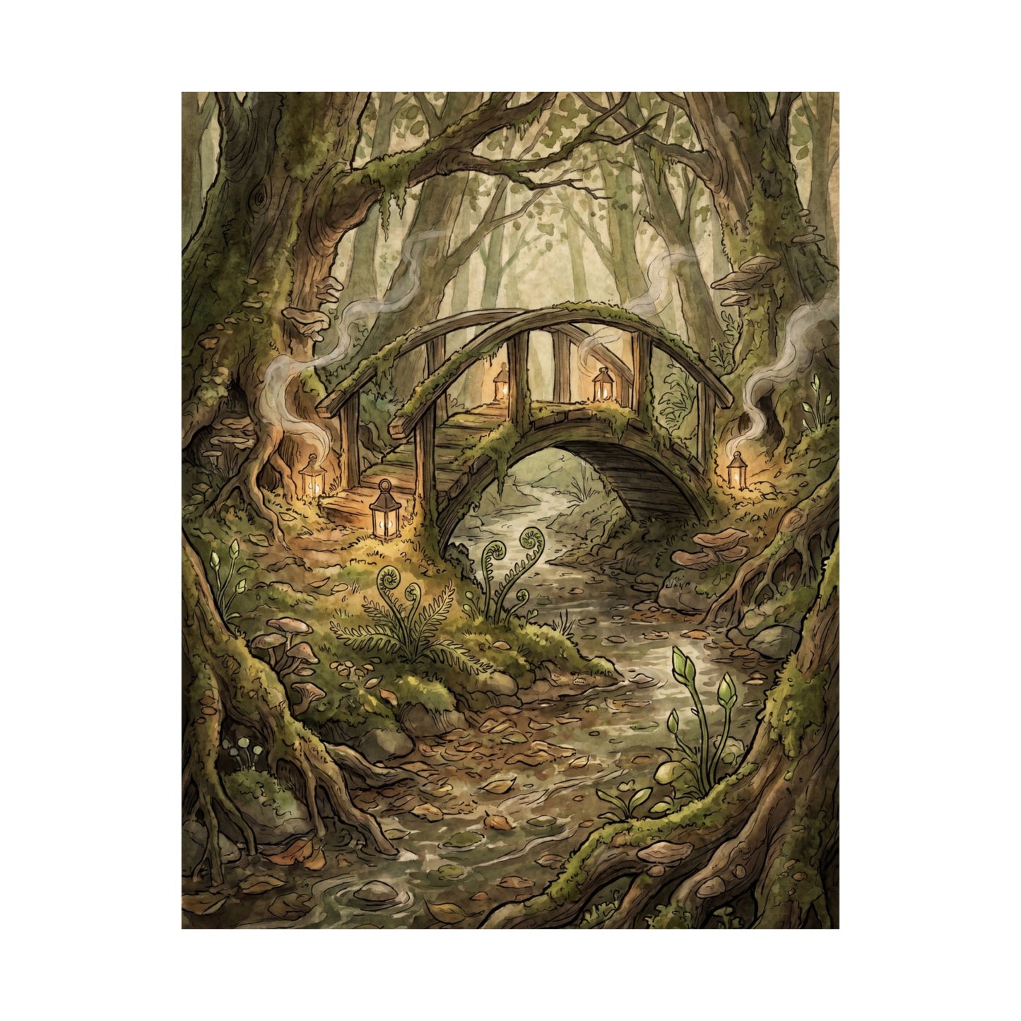 Spring Wooden Bridge Forest Whimsy Wall Art Print | Rustic Decor