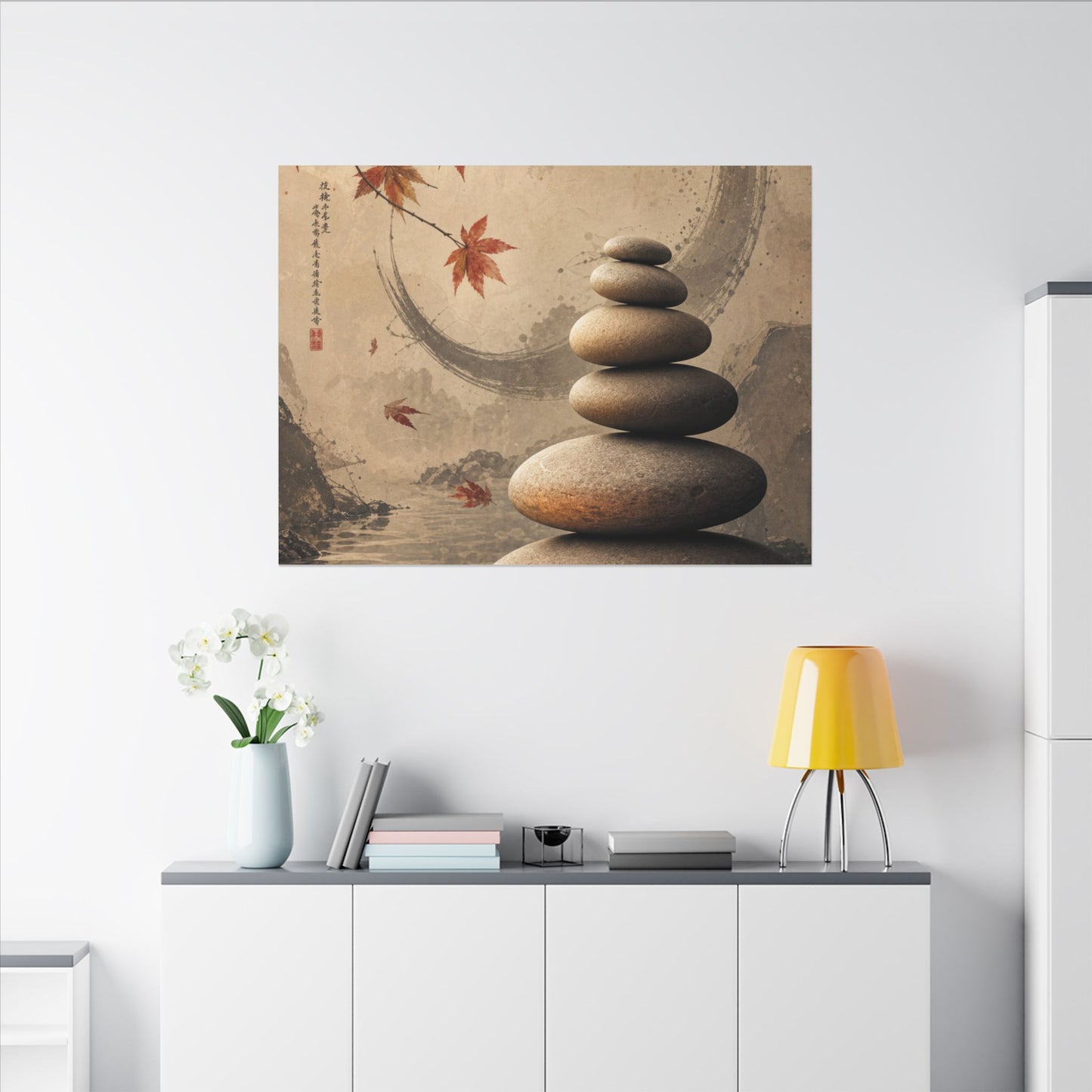 Japandi River Stones in Candlelight | Japanese Pattern Canvas Art