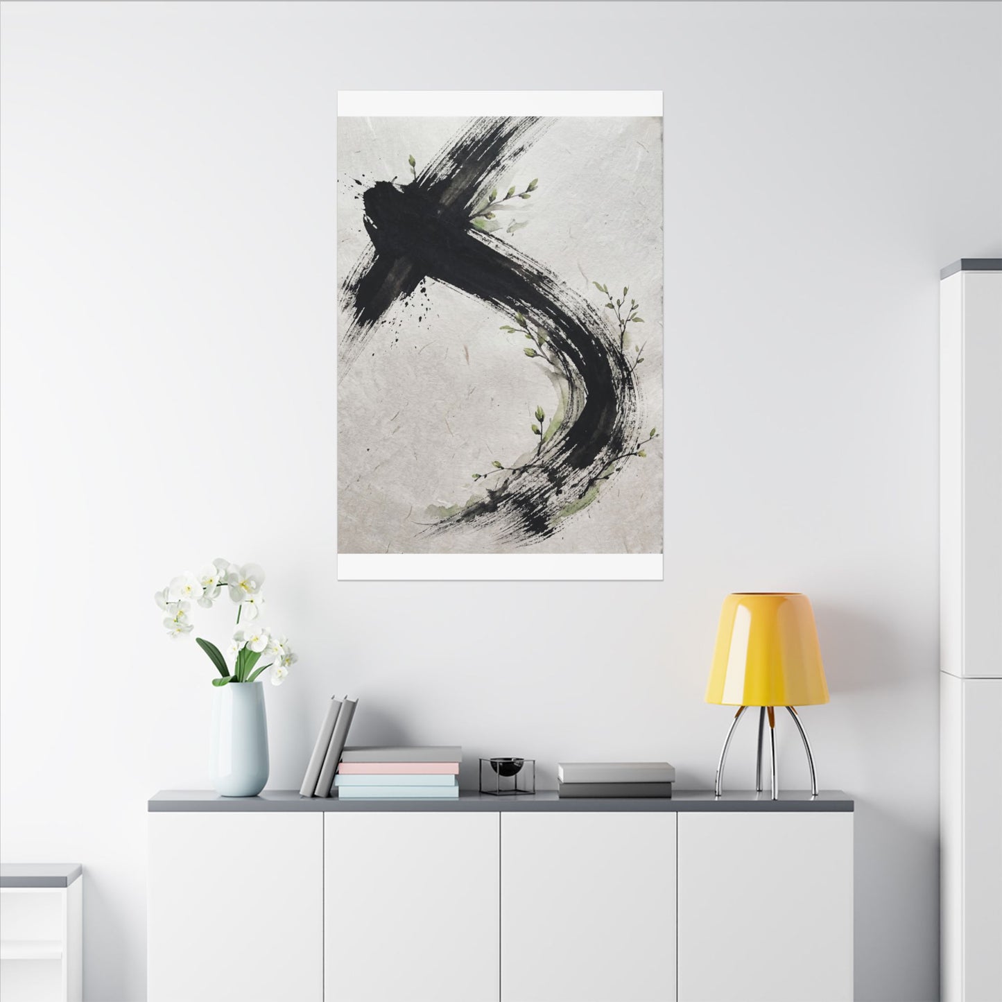 Ink Brushstroke Spring Canvas Art | Dark Japandi Sophisticated Design