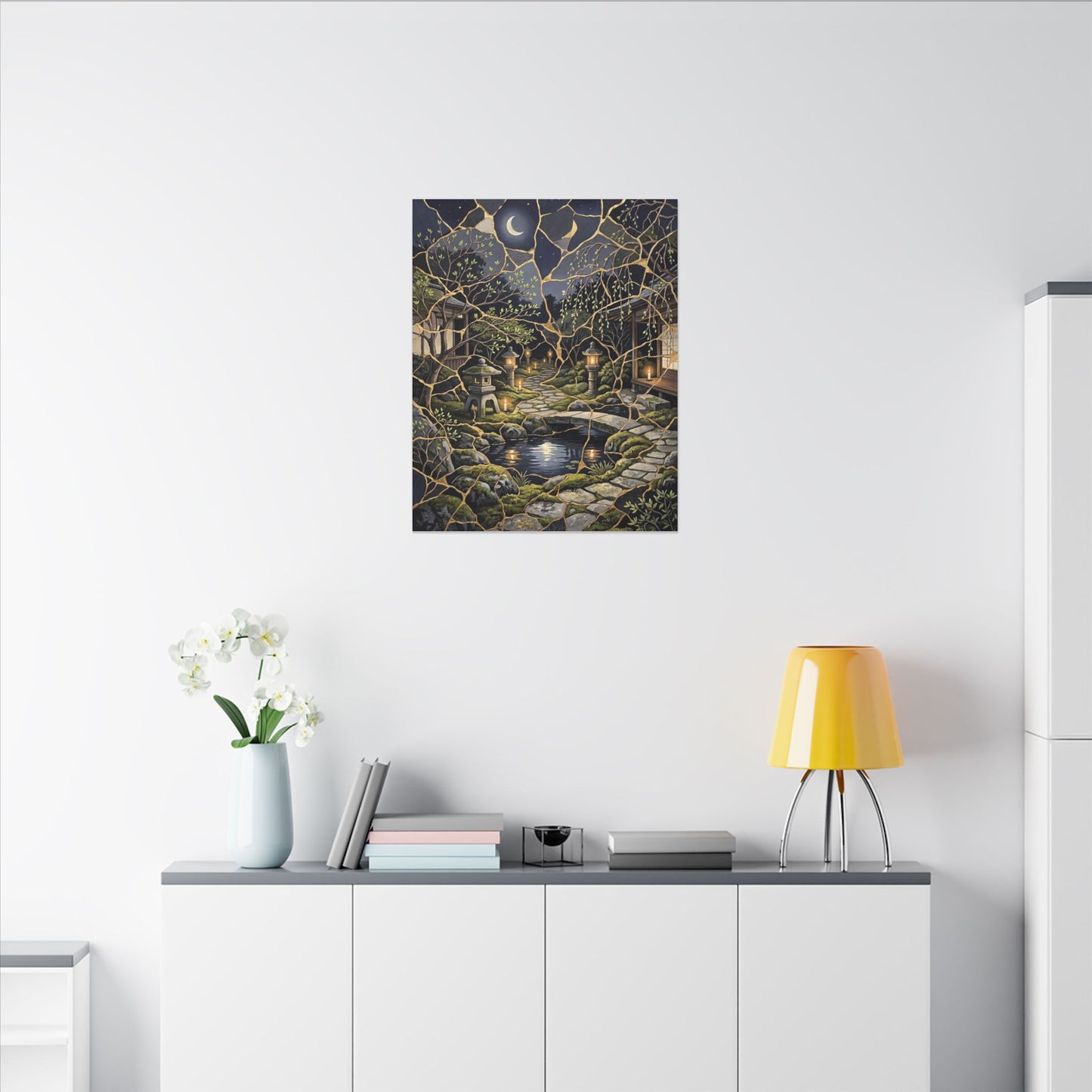 Kintsugi Moonlit Garden in Candlelight | Gold Vein Canvas Art