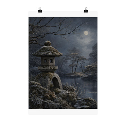 Winter Stone Lantern Japanese Pattern Wall Art Print | Earthy Decor