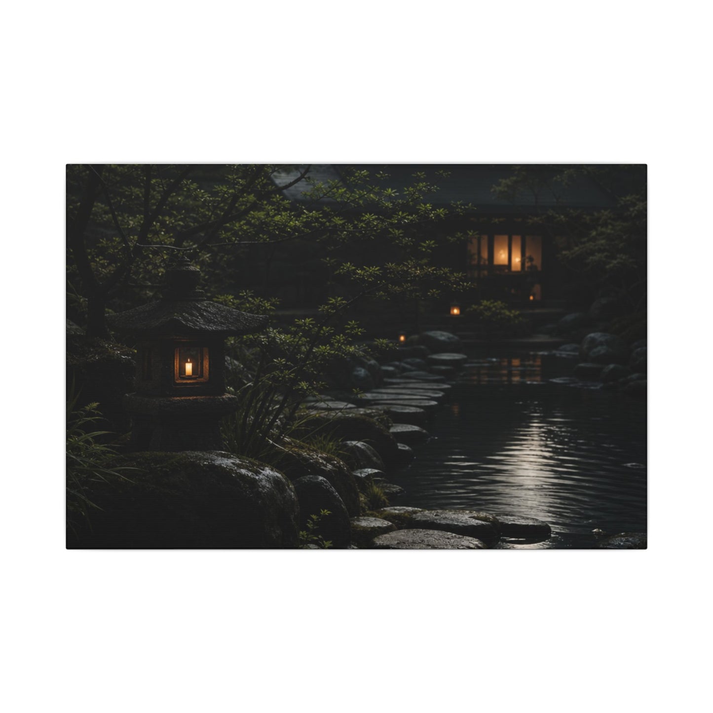 Moonlit Garden Shadow Zen Canvas Art | Sophisticated Dark Japandi Art