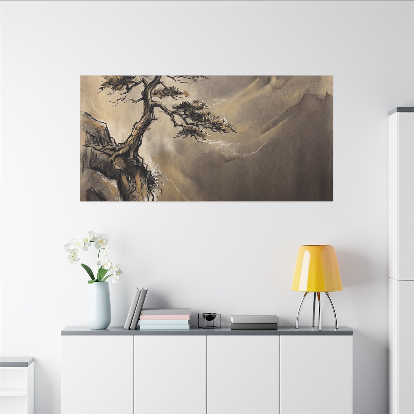 Pine Tree Charcoal Ink Canvas Art | Luxurious Dark Japandi Art