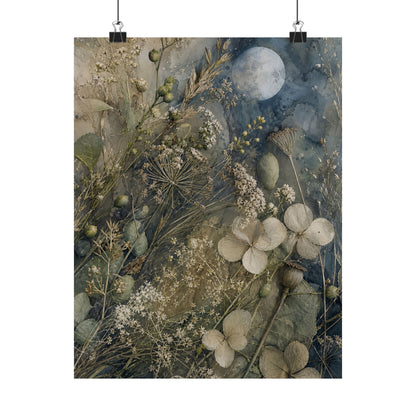Japandi Dried Flowers in Moonlight | Watercolor Wall Art Print