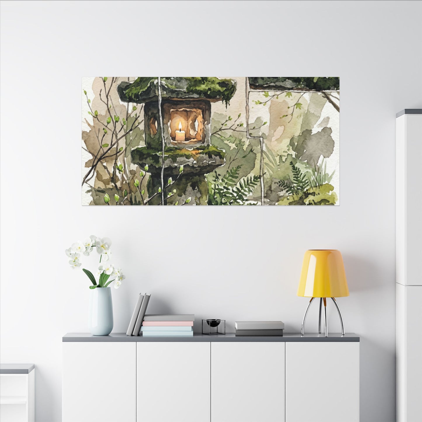 Stone Lantern Watercolor Canvas Art | Elegant Japandi Art