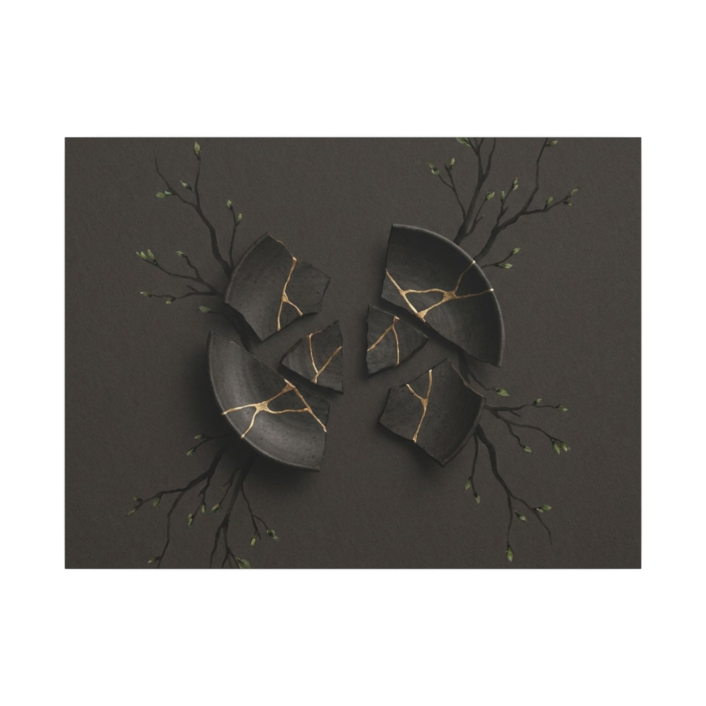 Sophisticated Broken Pottery Canvas Art - Charcoal Ink Dark Japandi