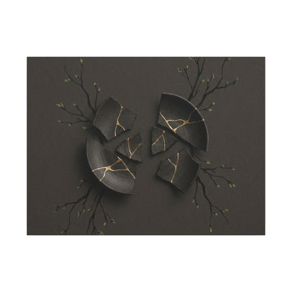 Sophisticated Broken Pottery Canvas Art - Charcoal Ink Dark Japandi