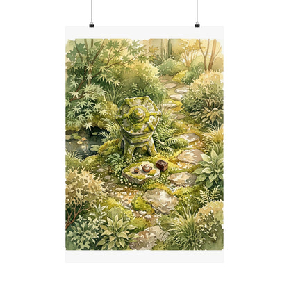 Japandi Stone Lantern in Golden Hour | Watercolor Wall Art Print