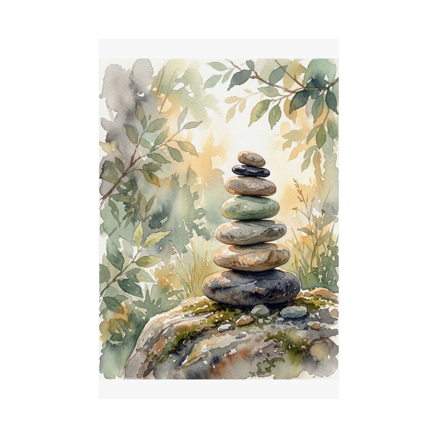 River Stones Wall Art Print | Summer Japandi Watercolor Art