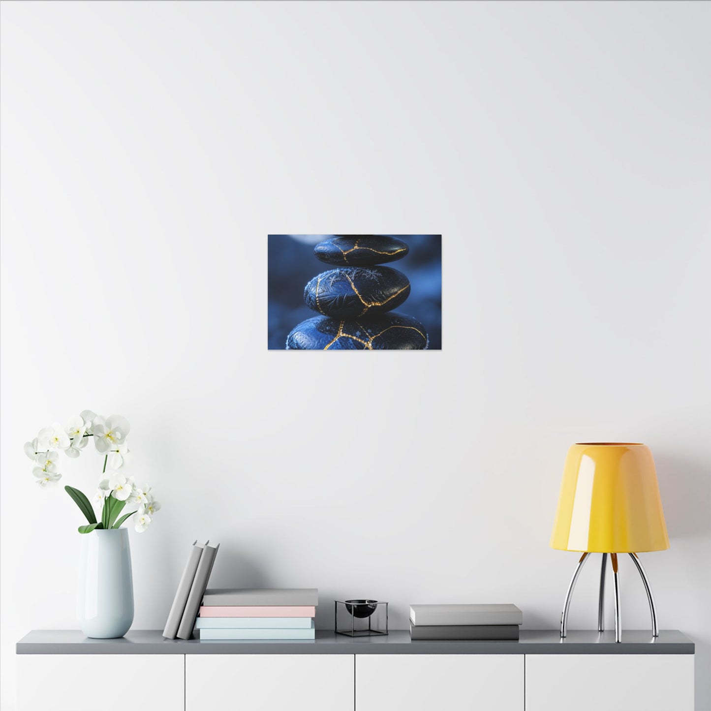 River Stones Canvas Art | Winter Kintsugi Gold Repair Art