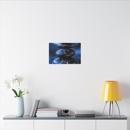 River Stones Canvas Art | Winter Kintsugi Gold Repair Art