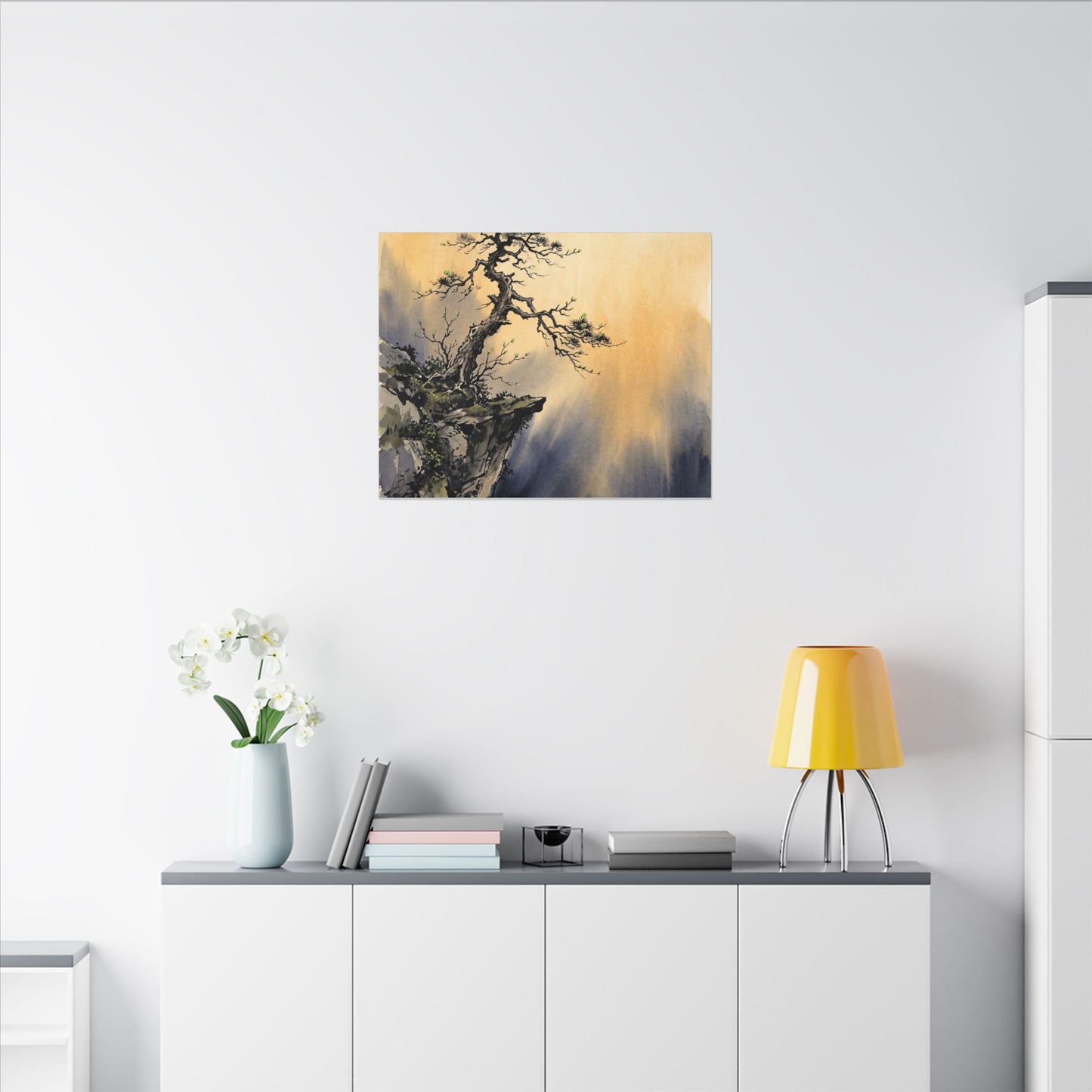 Zen Pine Tree in Golden Hour | Sumi E Canvas Art