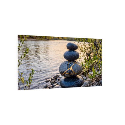 Kintsugi River Stones in Golden Hour | Gold Vein Canvas Art