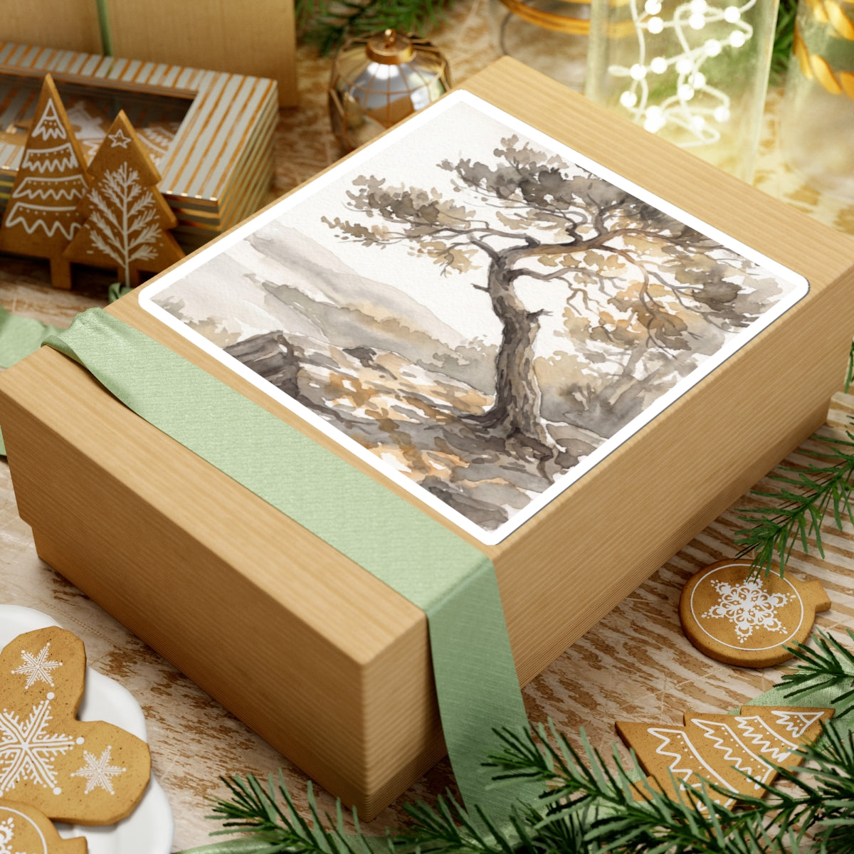 Neutral Pine Tree Sticker - Watercolor Japandi Art Print