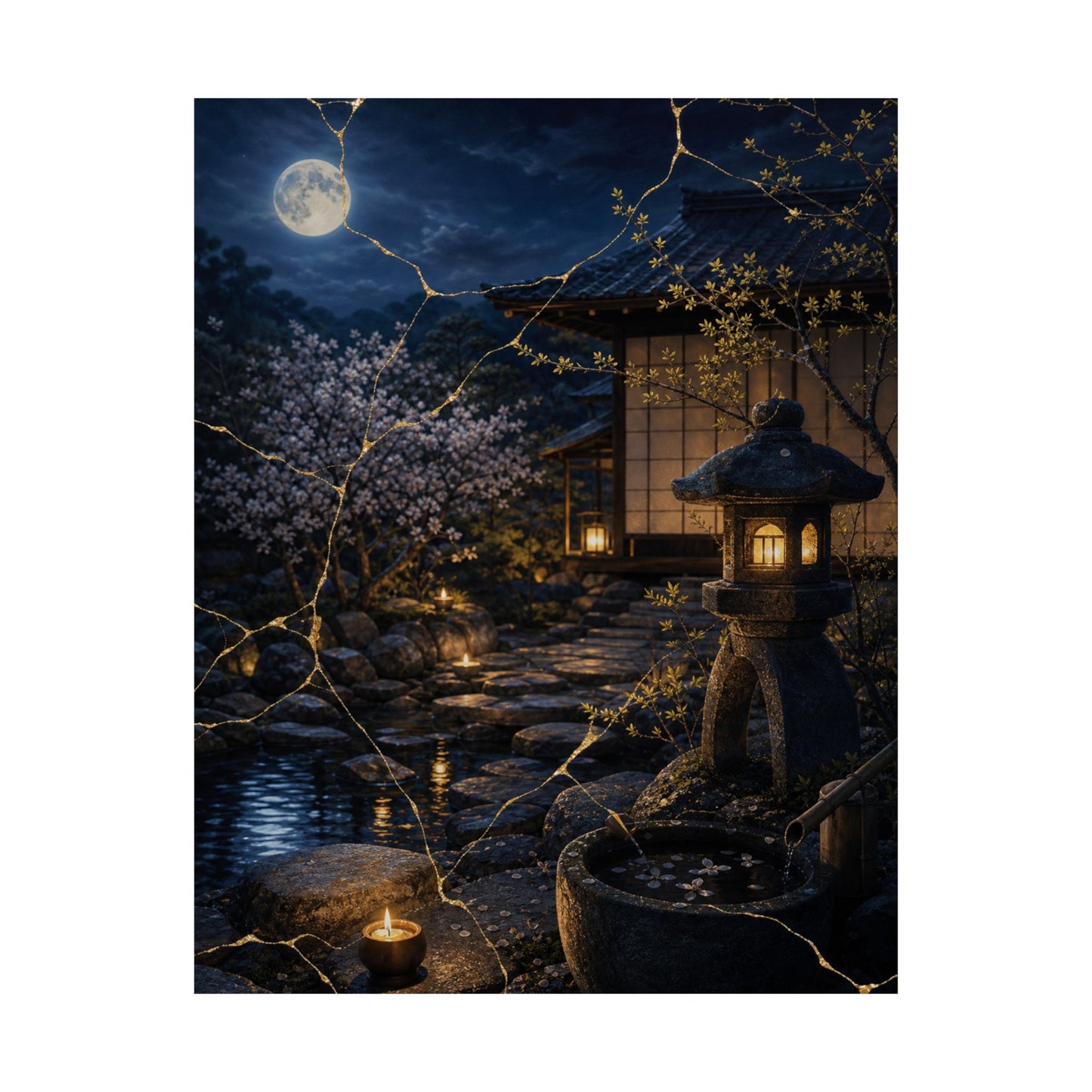 Spring Moonlit Garden Gold Vein Wall Art Print | Resilient Decor
