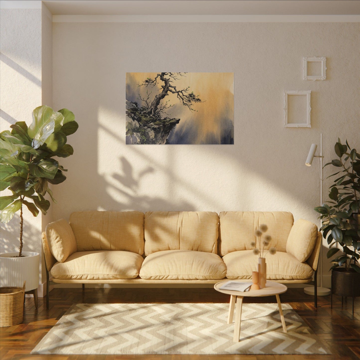 Zen Pine Tree in Golden Hour | Sumi E Canvas Art