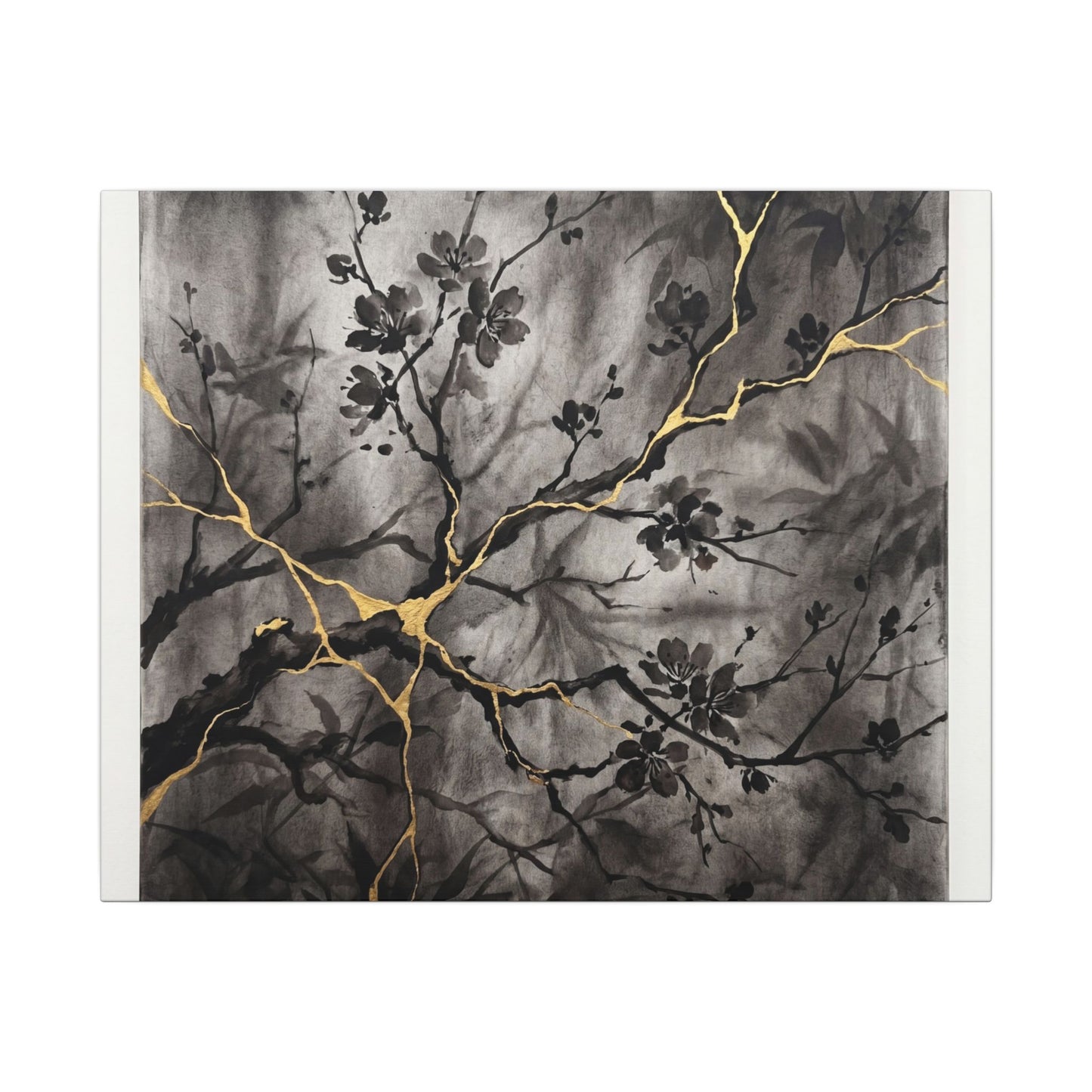 Kanso Cherry Blossom Canvas Art - Kintsugi Crackle Gold Art Print