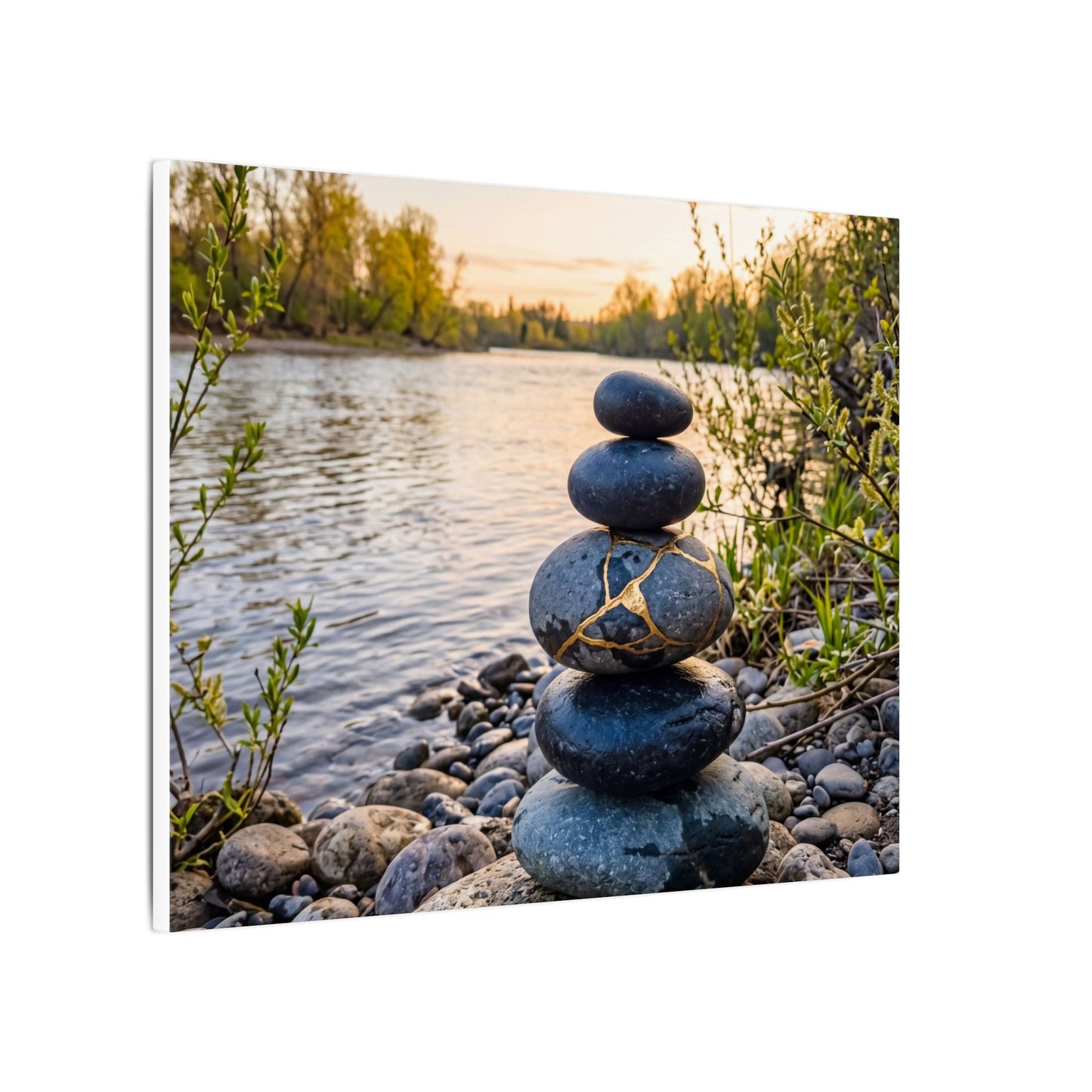 Kintsugi River Stones in Golden Hour | Gold Vein Canvas Art