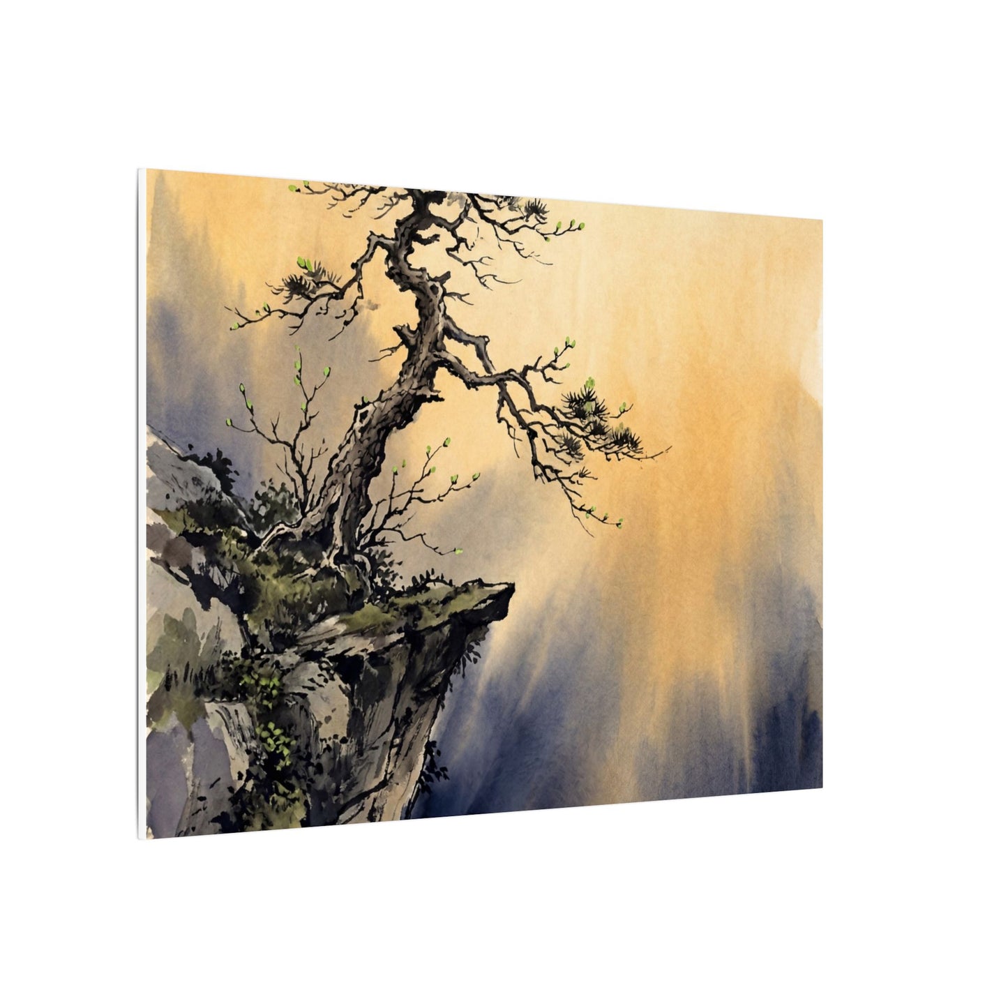 Zen Pine Tree in Golden Hour | Sumi E Canvas Art