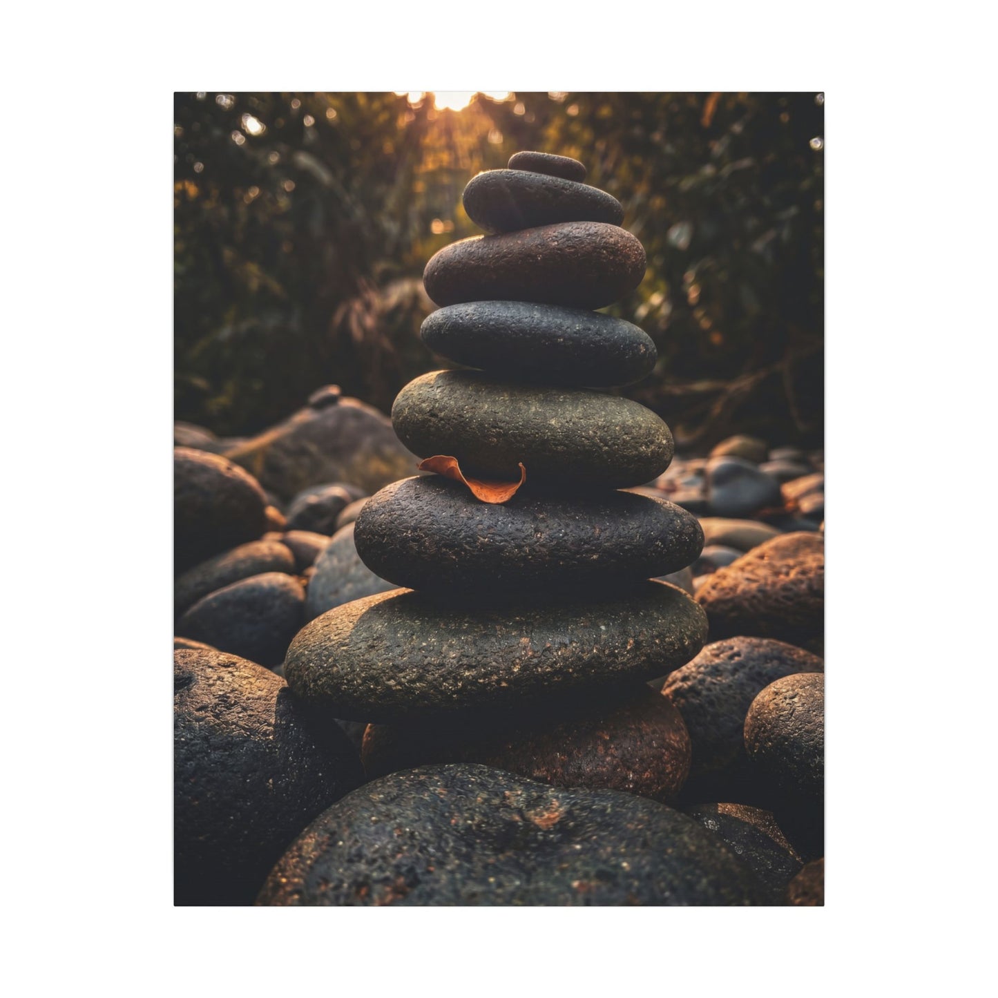 Dark Japandi River Stones in Golden Hour | Moody Minimal Canvas Art