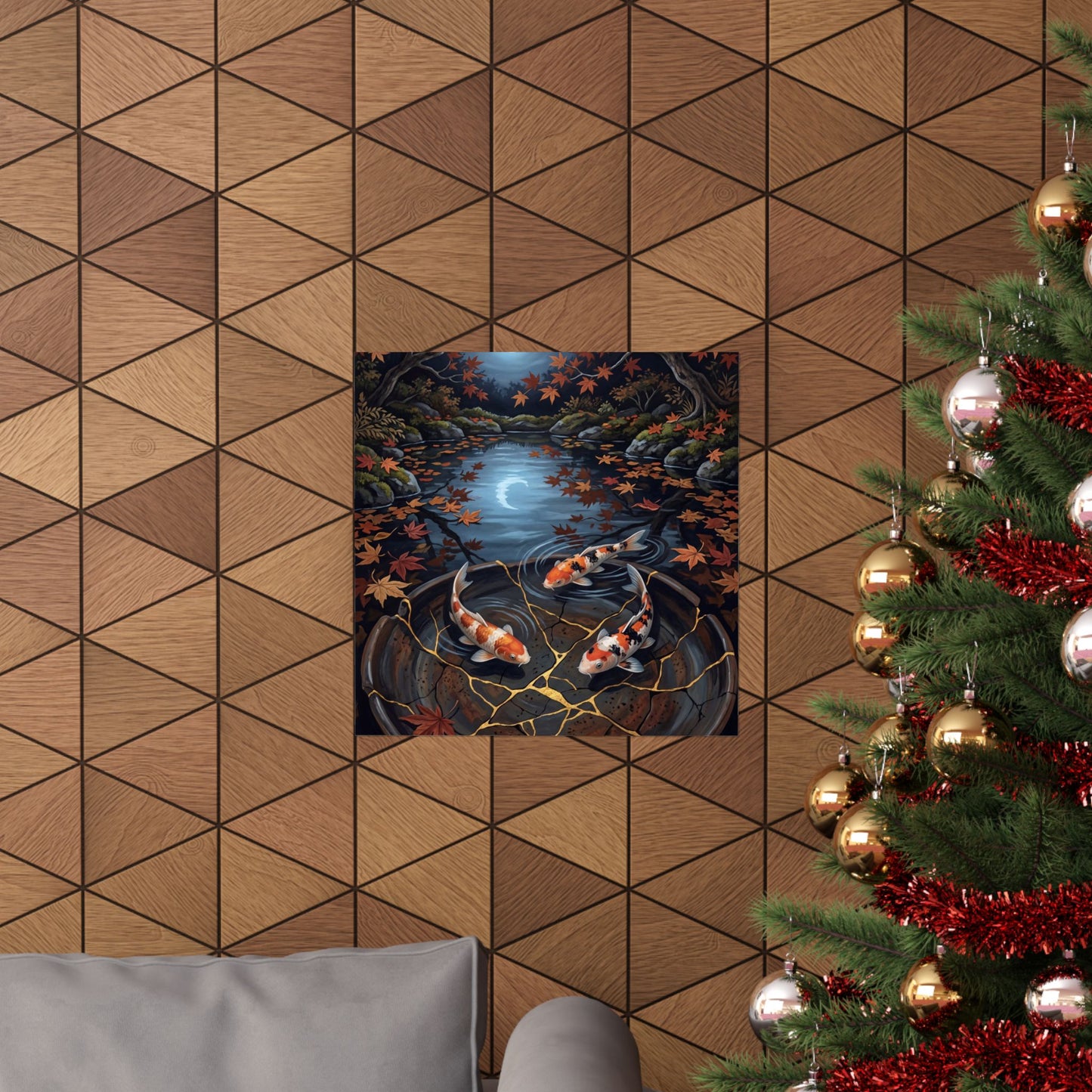 Kintsugi Koi Pond in Moonlight | Gold Repair Wall Art Print