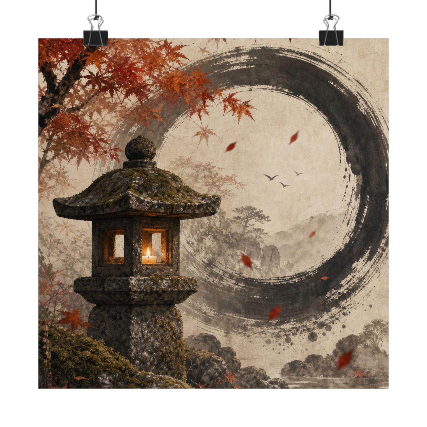 Autumn Stone Lantern Enso Wall Art Print | Serene Decor