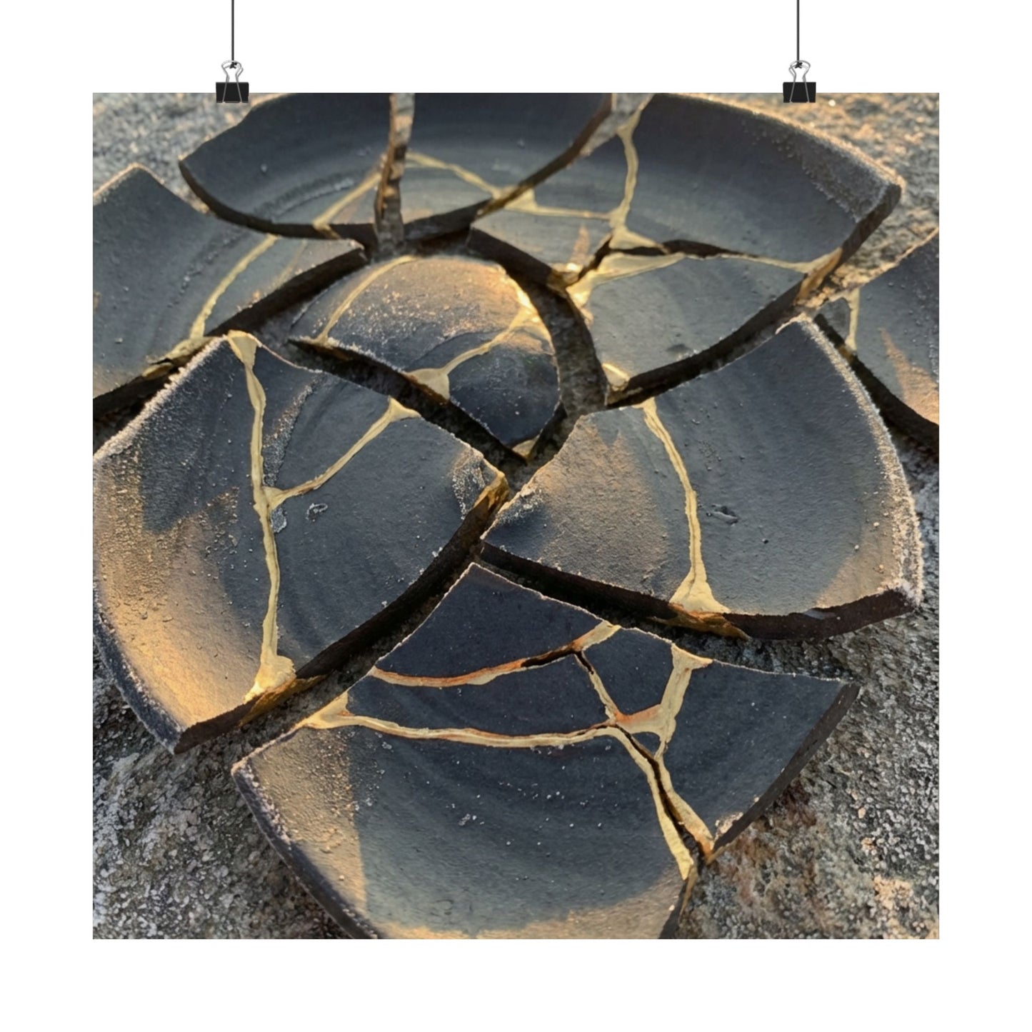 Broken Pottery Wall Art Print | Winter Kintsugi Gold Vein Art