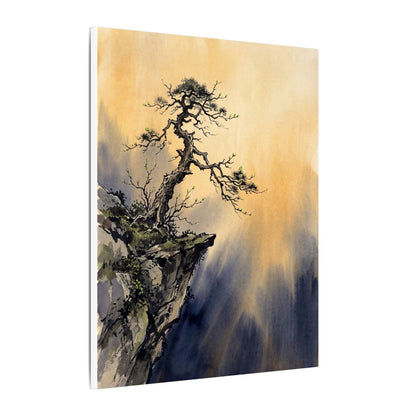 Zen Pine Tree in Golden Hour | Sumi E Canvas Art