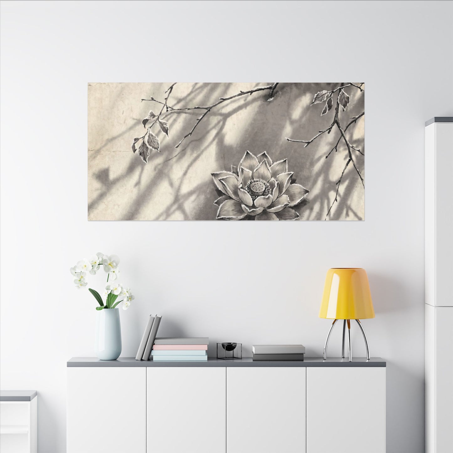 Winter Lotus Flower Sumi E Canvas Art | Contemplative Decor